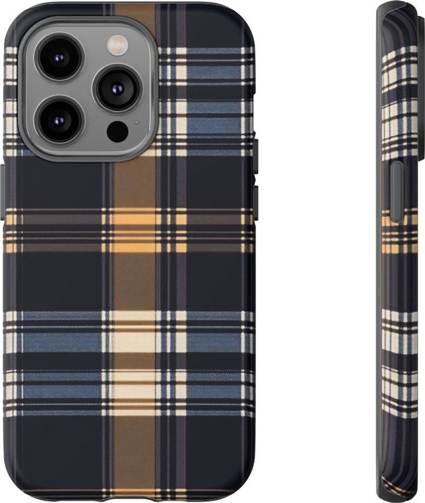 Karamell- und Dunkelblau-Karomuster – Hülle Kompatibel mit iPhone 14 Pro