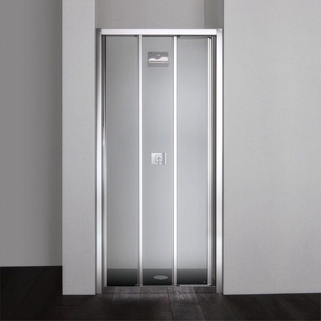 A shower door in a bathroom setting.