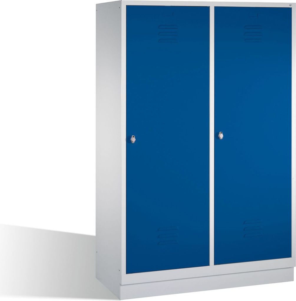 Garderobenschrank, eine Tür über zwei Abteile, BxTxH 1190x500x1800 mm, 4 Abt., Abt.B 300 mm, Sockel, Drehriegel, RAL 7035/5010