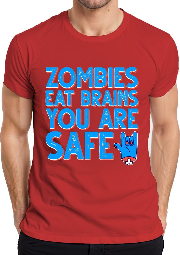 ZOMBIES EAT BRAINS YOU ARE SAFE Halloween Zombie Lustig Horror Herren T-Shirt, Rot, M