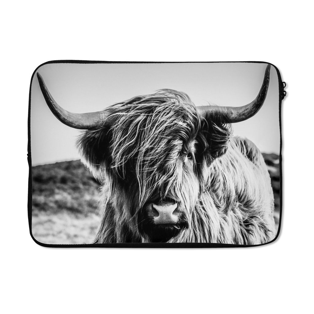 MuchoWow Laptop Hülle 13 Zoll Kuh - Schottischer Hochländer - Schwarz - Weiß - Tier - Natur - Wildtiere Laptoptasche - Laptophülle - Sleeve -...