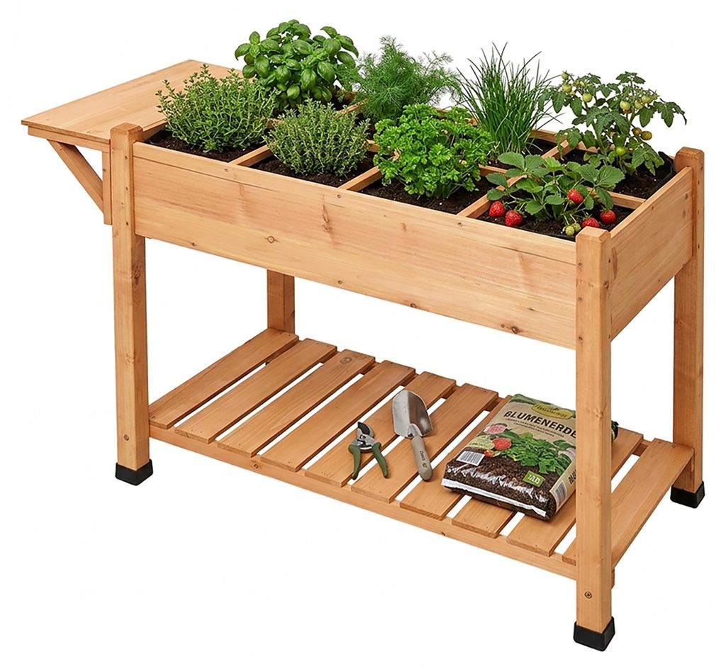 Relaxdays Hochbeet, 8 Fächer, 2 Ablagen, HxBxT: 81 x 128 x 56 cm, Balkon & Terrasse, Pflanztisch, Tannenholz, orange