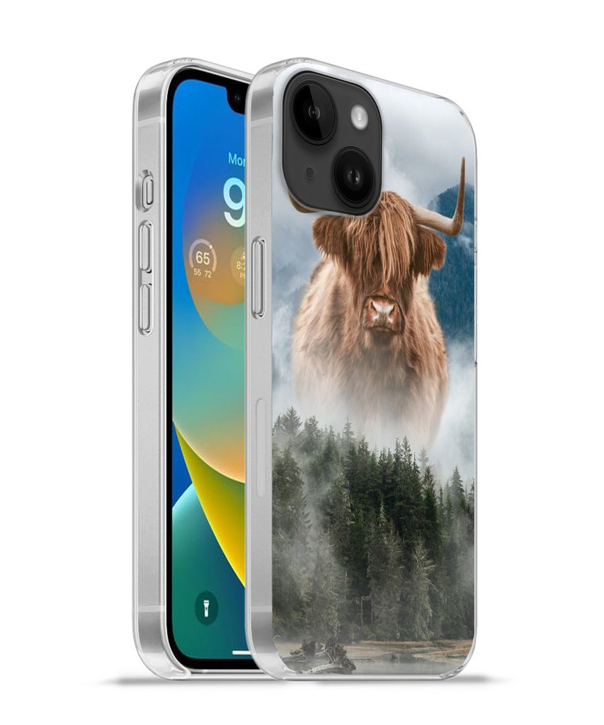 MuchoWow Handyhülle Schutzhülle Hülle für Apple iPhone 14 - Softcase Schottische Highlander - Kühe - Nebel Silikon Softcase Handy Hülle - M...