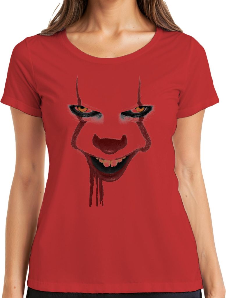 Horror Clown Gesicht Pennywise Blutiges Lächeln Grusel Halloween Damen T-Shirt, Rot, L