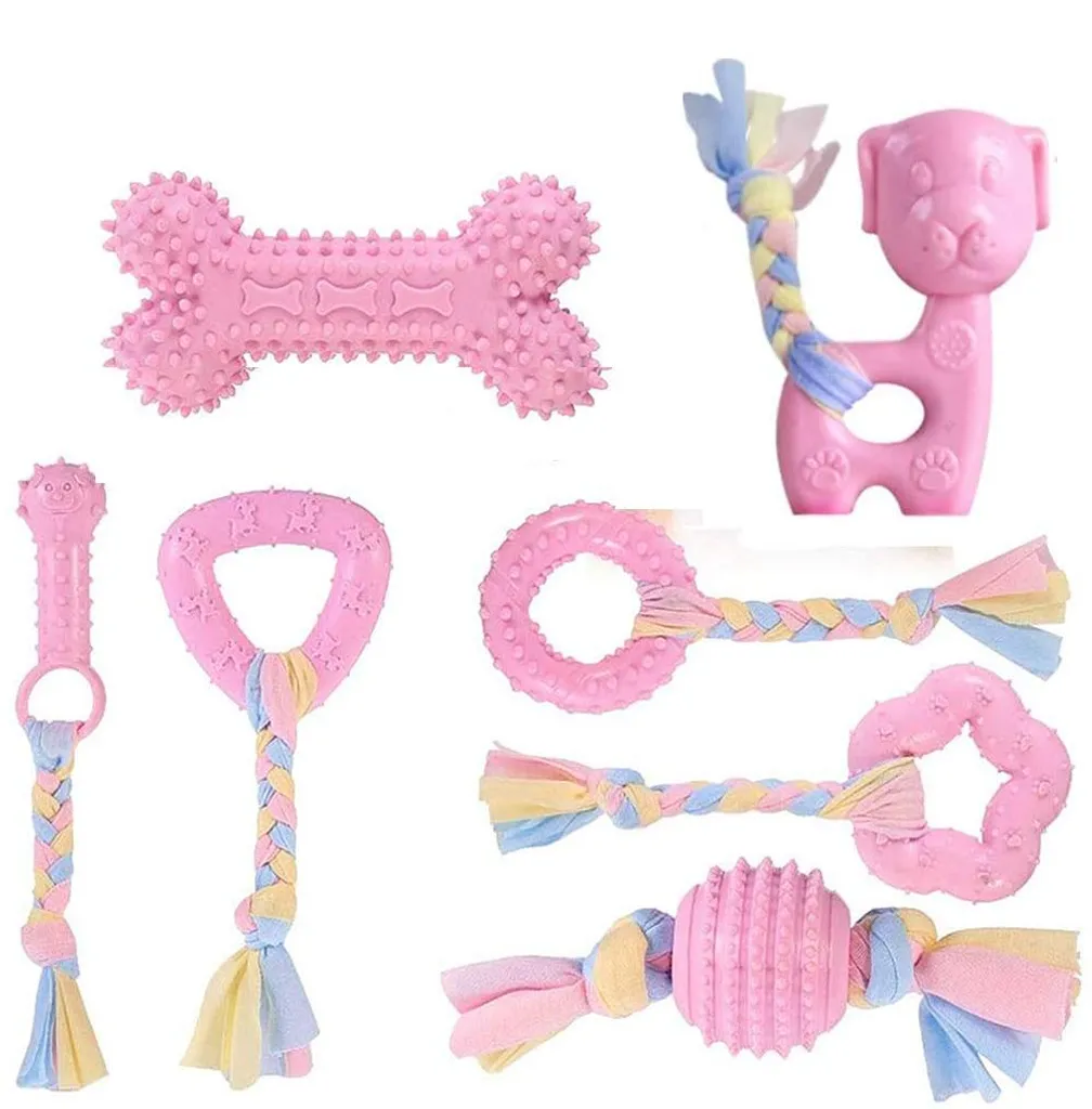 Jouets chien coton résistant lot de 7 cordes à mâcher durables rose