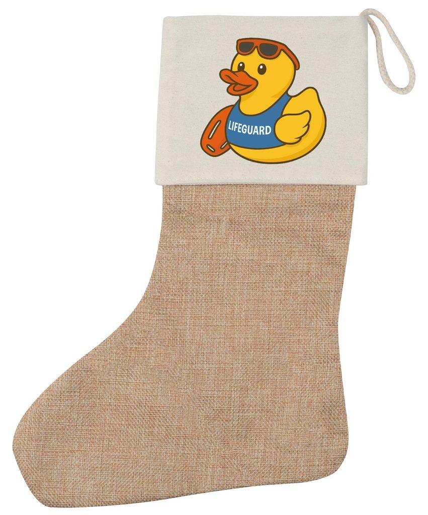 Huuraa Weihnachtsstrumpf Quietscheente Bademeister Gummiente Rettungsschwimmer Beige Jute Kaminstrumpf Geschenkidee