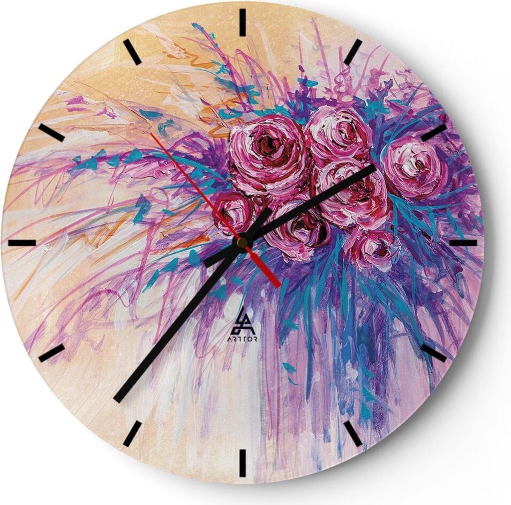 Wanduhr - Rund - Glasuhr - Blumenstrauß Blumen Rosen - 30x30cm - Schleichendes Uhrwerk - Lautlos - zum Aufhängen bereit - Dekoration Modern - Wan...