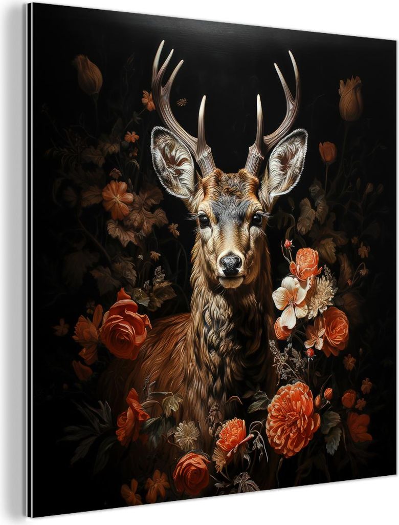 MuchoWow Wanddekoration Metall Metallbild Wandkunst 90x90 cm Hirsch - Tier - Blumen - Natur - Botanisch MuchoWow Aluminium Gemälde - Dekoration - ...