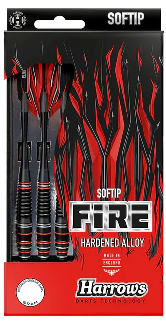 A box of Harrows Fire Softip darts with a fiery design.