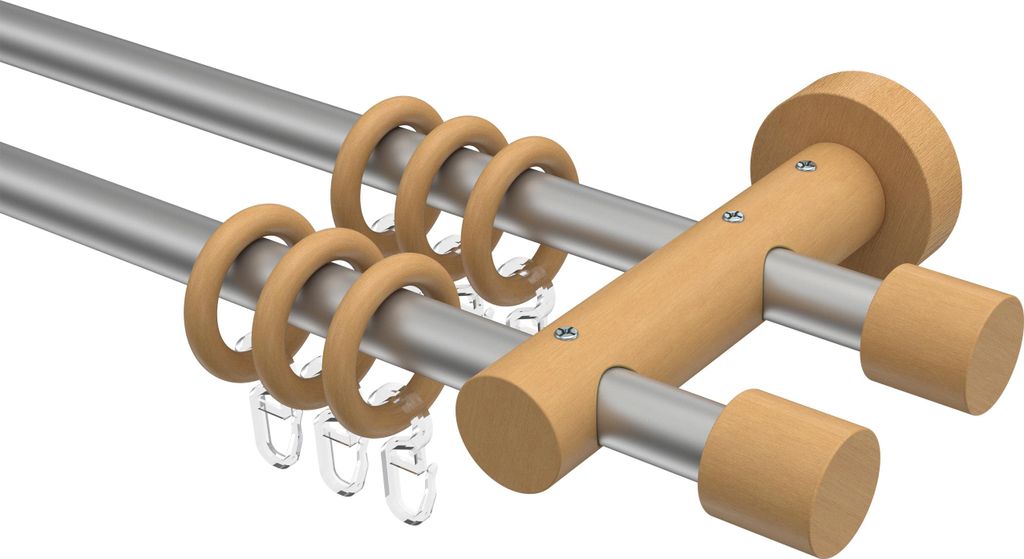 Interdeco Gardinenstange / Vorhangstange Silbergrau / Buche lackiert, Typ Adrian Pin (Kappe), 16 mm Ø 2-läufig, 240 cm