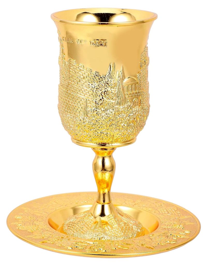 Kidduschbecher-Set aus Metall mit Untertasse für den festlichen Schabbat und Pessach