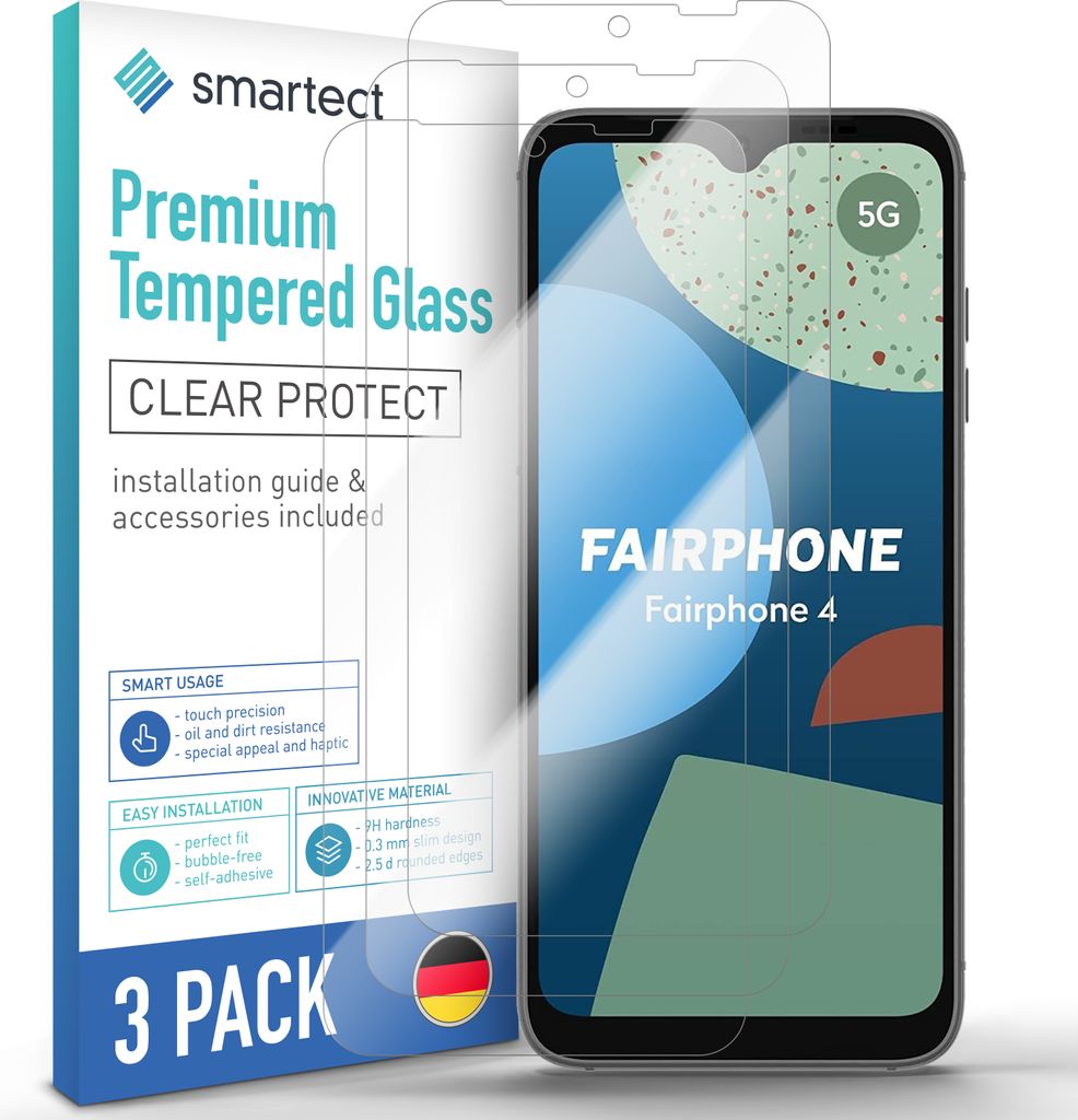 A product shot of a 3-pack of screen protectors for a Fairphone 4, with one protector shown on the phone.