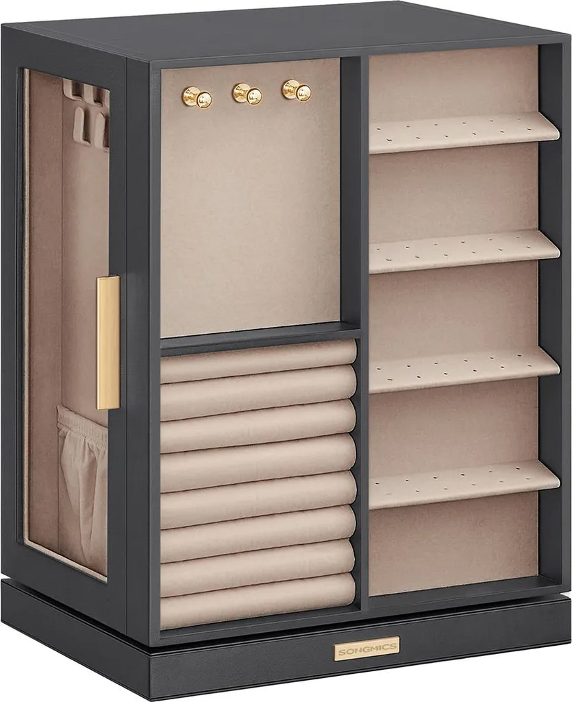 Coffret bijoux spacieux gris ardoise - Rotation 360° et miroir