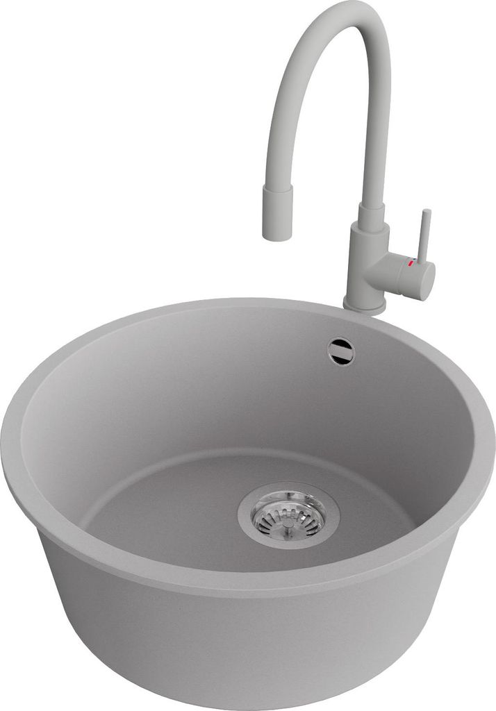 PRIMAGRAN Unterbauspüle Granit Grau 46x46cm, Spülbecken 1 Becken + Küchenarmatur 38x14cm + Ablauf-Set, Granitspüle ab 50er Unterschrank - Valletta