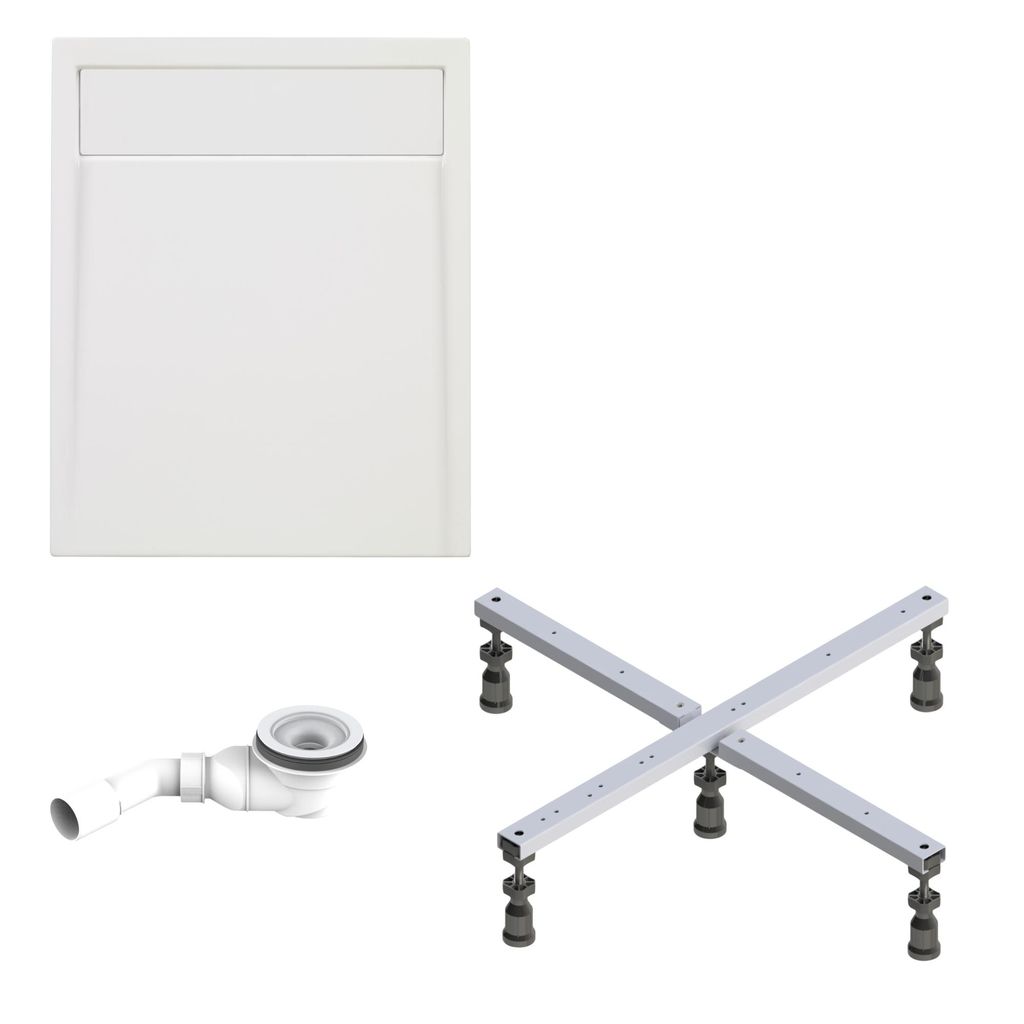 Schulte Duschwanne Brava Komplettset 100x80 cm mit Rinne, Fußgestell und Ablauf, Sanitär Acryl weiß glänzend, extra flach 4 cm