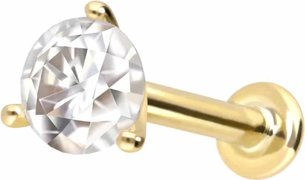 Ohrpiercing, Nasenpiercing 14 Karat Gold Labret mit Push Fit MOISSANIT Gold Stablänge: 6mm | Stabstärke: 1mm | Kristallgröße: 3mm