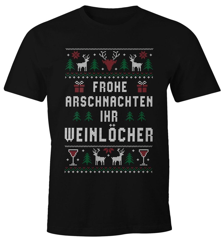 Herren T-Shirt Weihnachten Ugly Christmas X-Mas Spruch lustig Frohe Arschnachten ihr Weinlöcher Moonworks schwarz M
