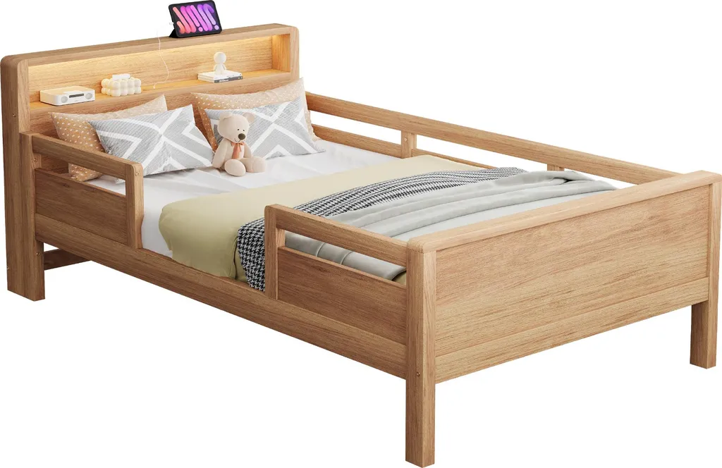 Lit Simple 90x200 cm Multifonctions en Pin Naturel avec LED et USB - 7
