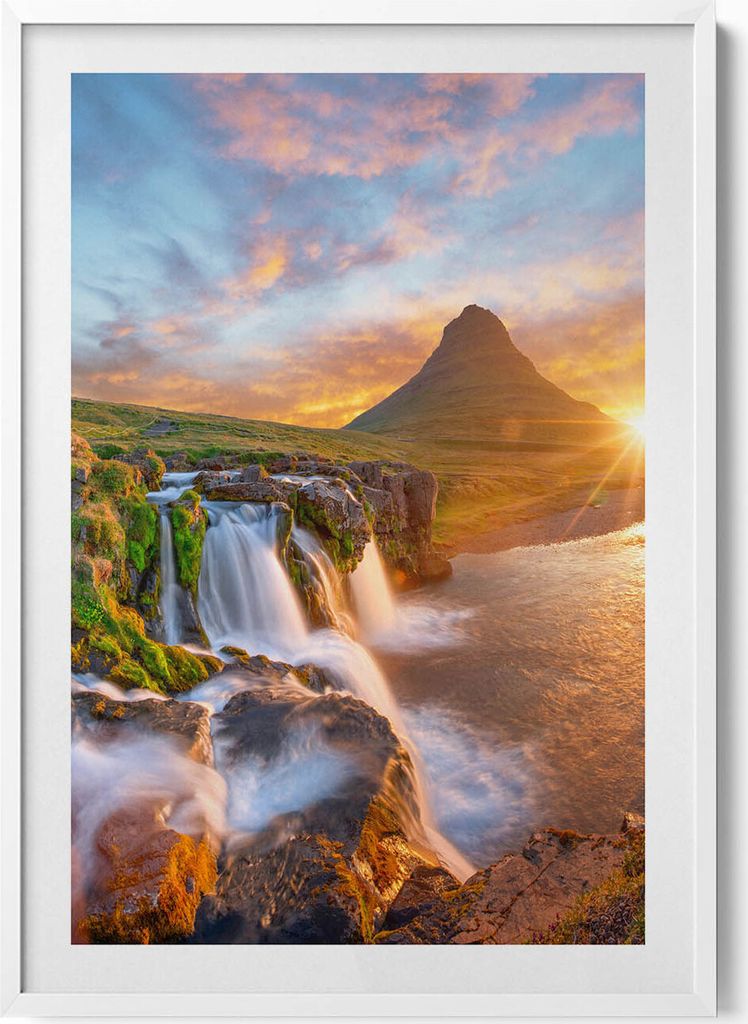 Landschaft in der Natur bei Sonnenuntergang– Wandbild mit Rahmen – Gerahmtes Bild – Wanddekoration – 70x100 cm – Weiß Rahmen