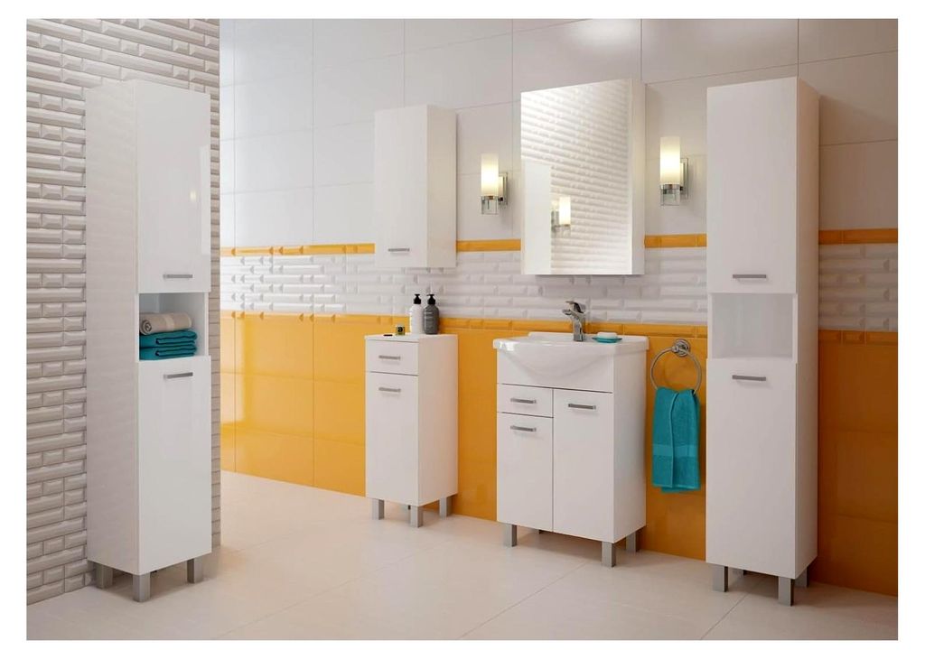 Badezimmerschrank mit Waschbecken 80 x 46 x 30 cm, Stehender Schrank mit Schublade und Unterschrank, lackiert, Set mit Keramikwaschbecken