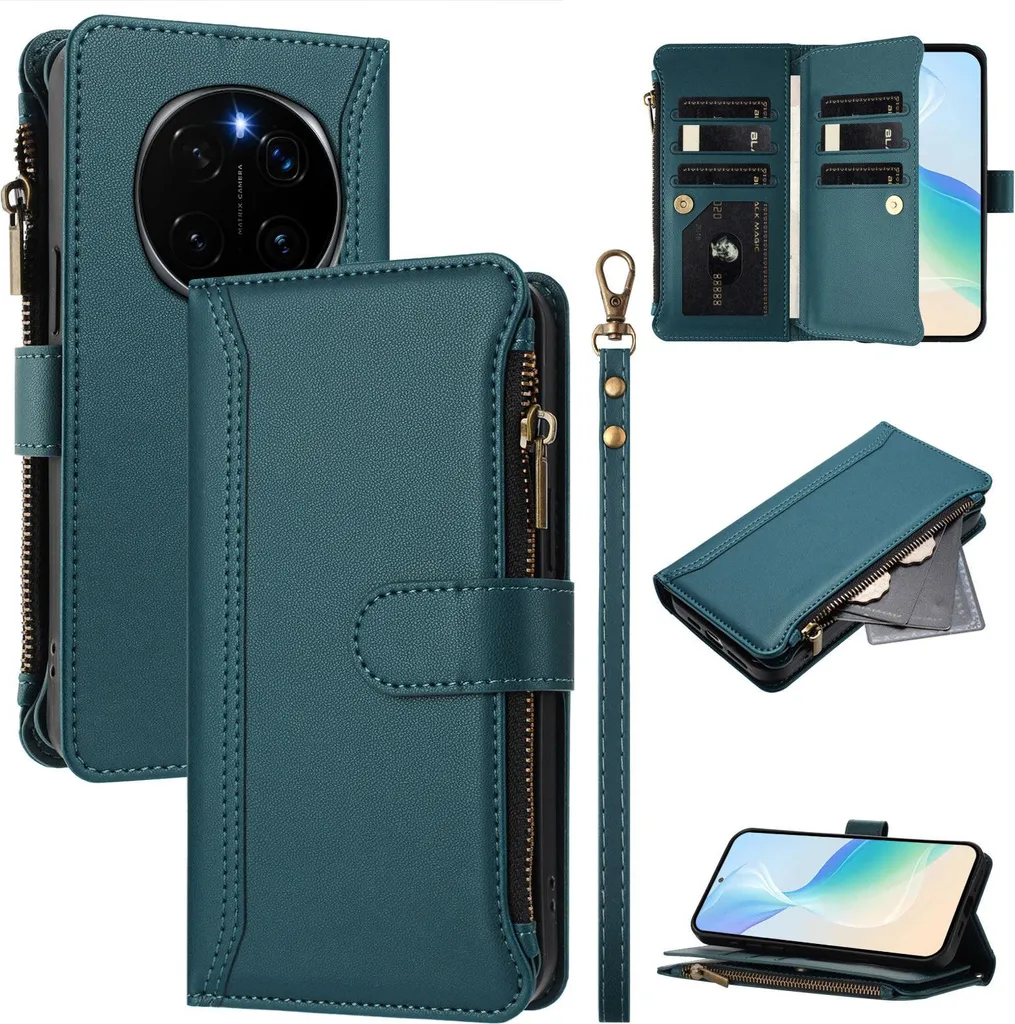 Custodia per Honor Magic7, con cerniera, portafoglio in Finto cuoio con tasche per carte, supporto e passante verde