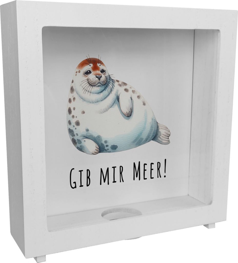 Dicke Robbe Rahmen Spardose aus Holz mit Spruch Gib mir Produktbild 