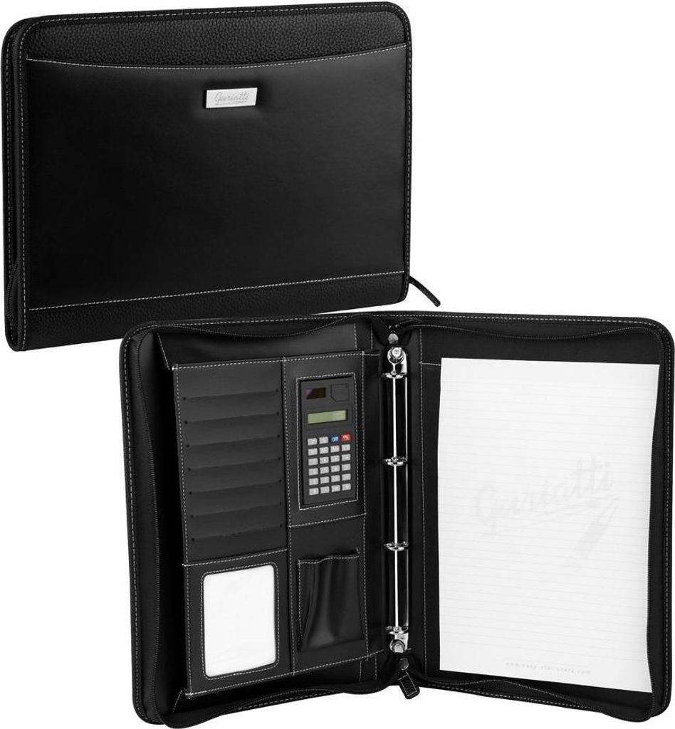 A black A4 conference folder is shown open and closed, displaying its interior compartments and a sheet of paper.
