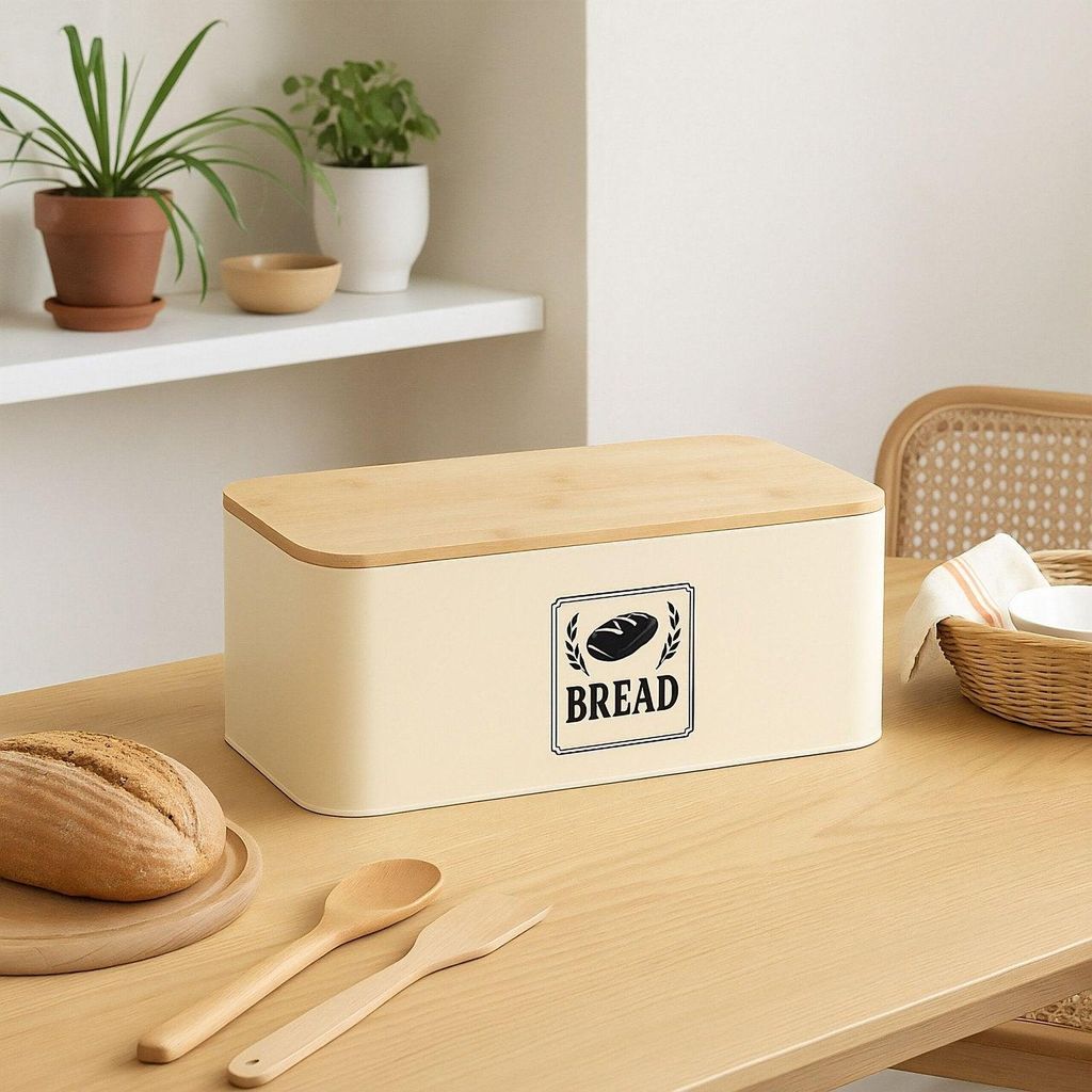 Brotkasten mit Bambusdeckel - Retro-Design, Metallgehäuse