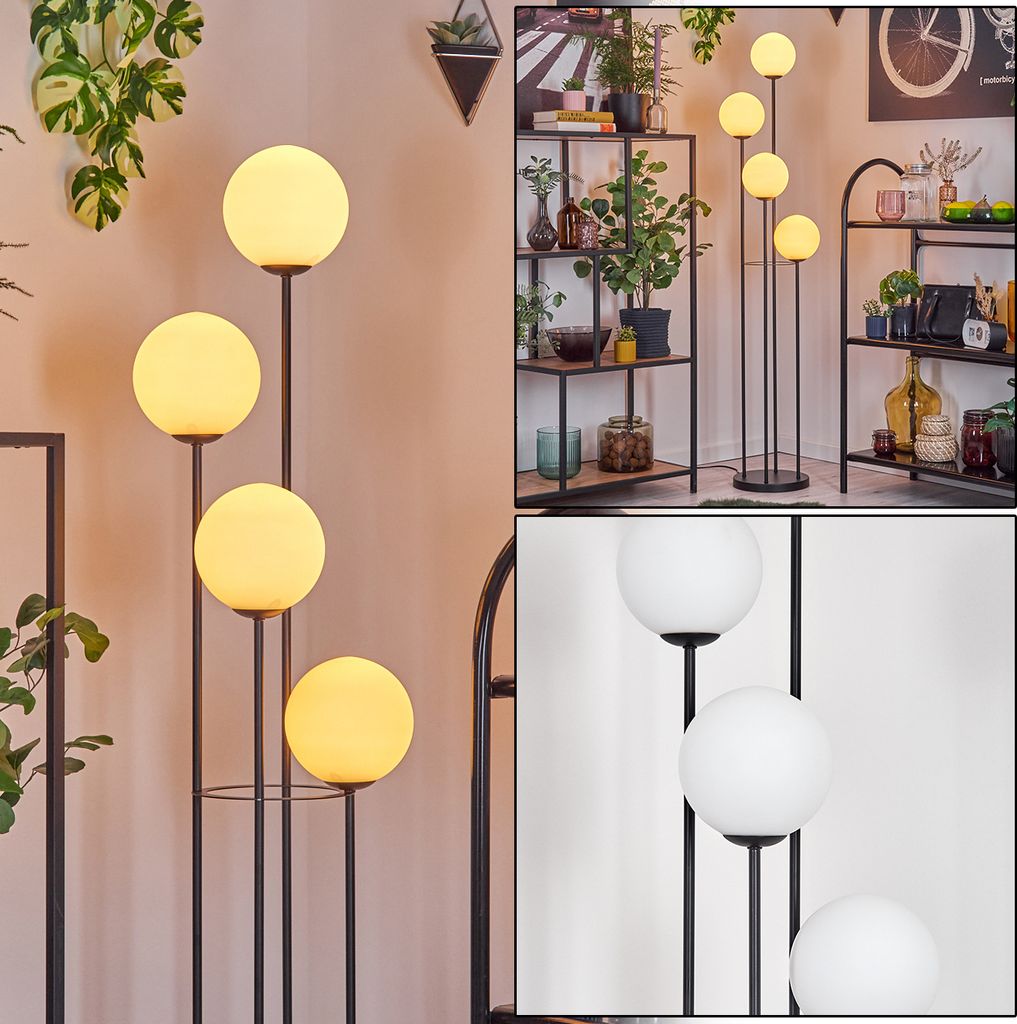 Cesaro Stehlampe aus Metall/Glas in Schwarz/Milchglas/Weiß
