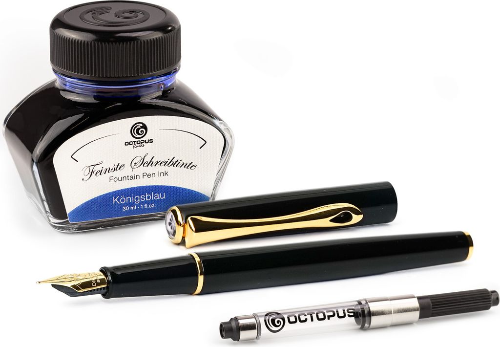 Füllhalter Diplomat Traveller Lack Schwarz Gold mit Schreibtinte und Tintenkonverter, Stärke M