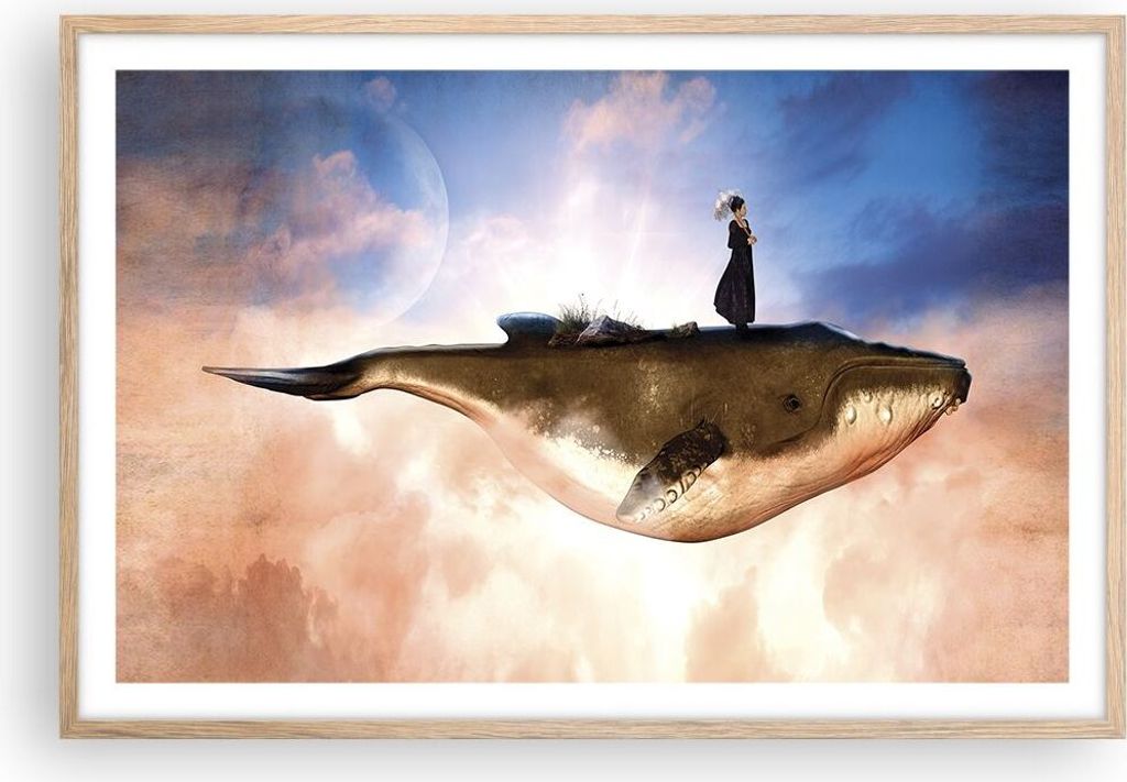 Gerahmtes Poster - Rahmen in heller Eiche - Wal Frau Himmel - 91,5x61 cm - Wand Bild - Wanddeko - Wandbilder - Kunstposter - Wandposter - Bilderrah...