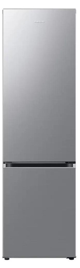 A front view of a silver Samsung refrigerator.