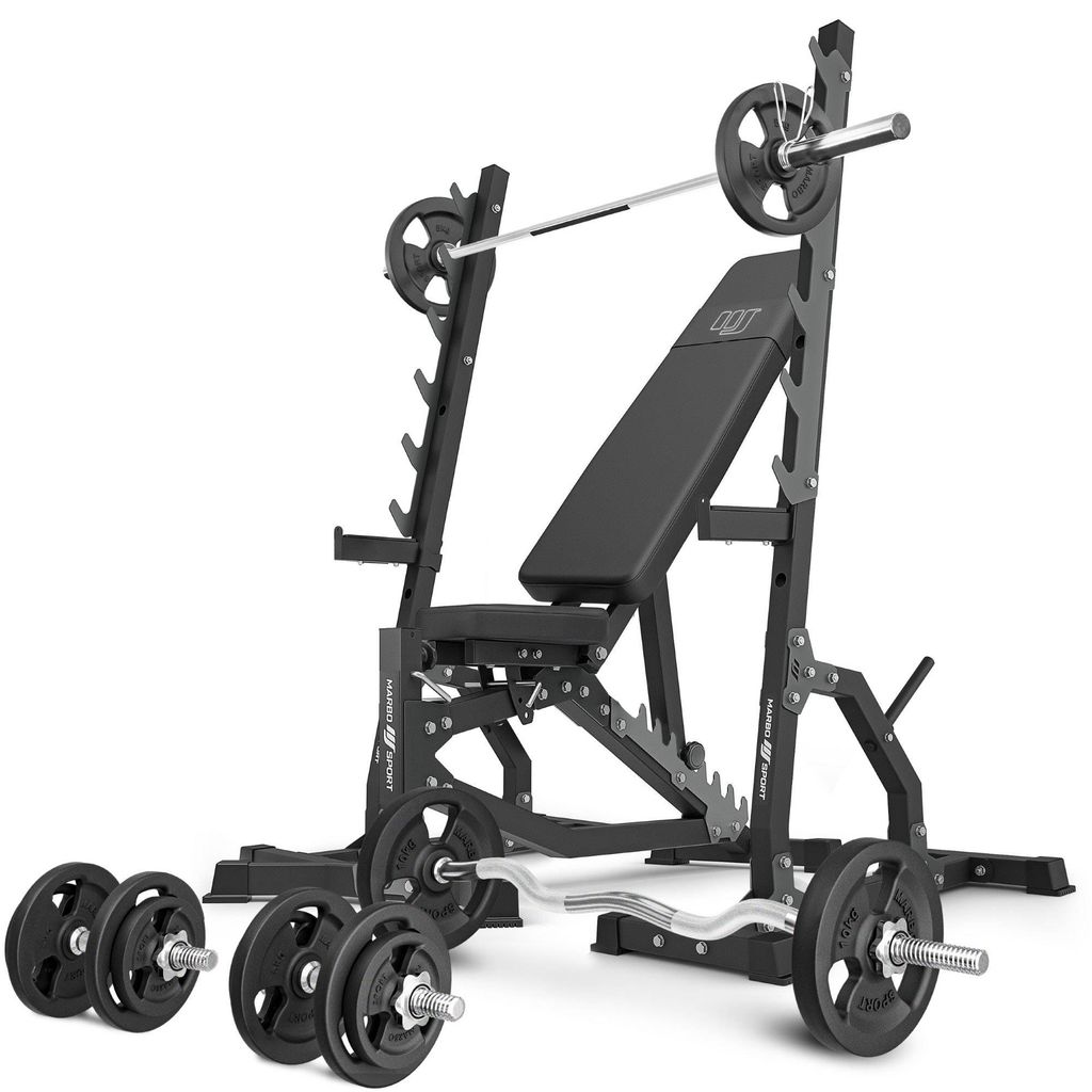 Marbo Sport - Set MS8_2.0_83KG | Doppelseitig verstellbare Hantelbank + Multilevel-Ständer (2 Stück) + Stangen- und Hantelscheiben Set 83 kg