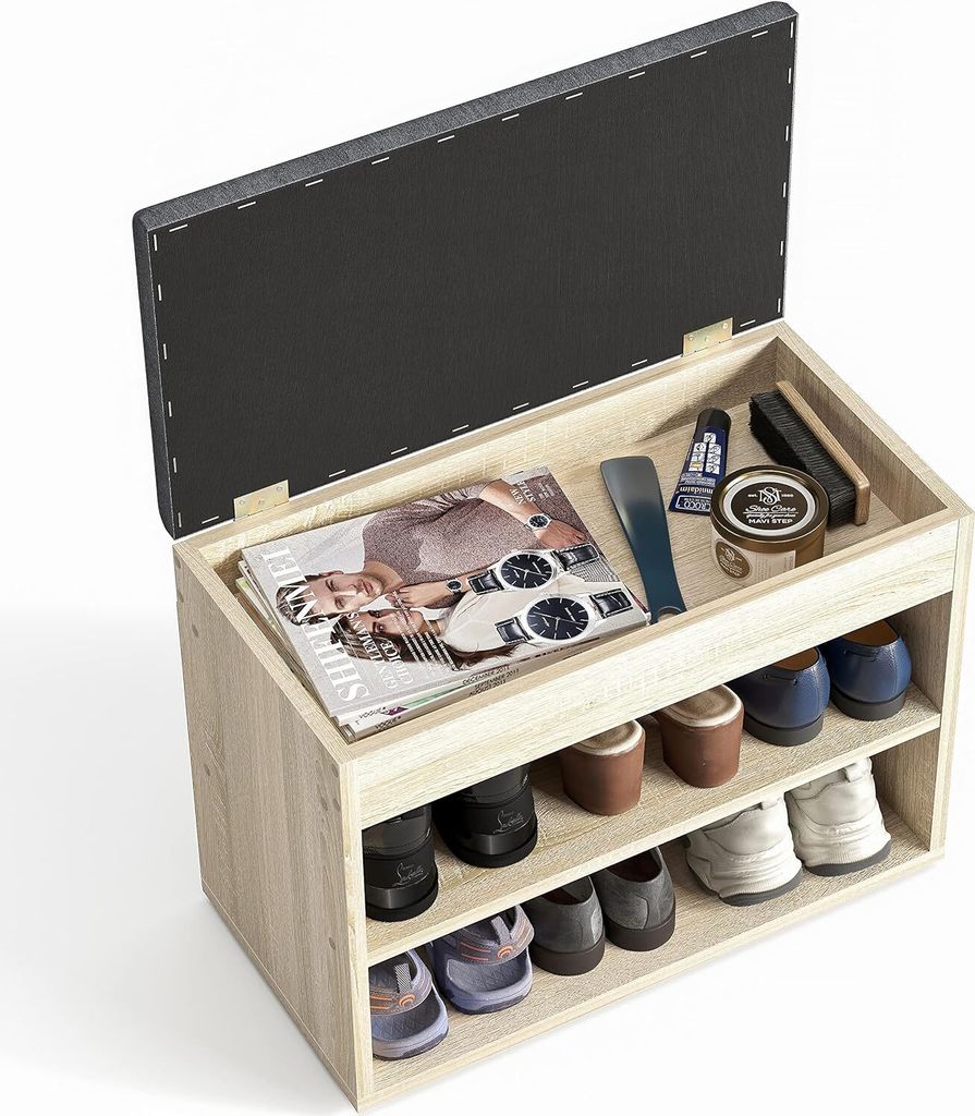 KOMTO Schuhbank mit Sitzfläche - Schuhregal Bank mit Stauraum Kleiner Schuhschrank mit Sitzbank Flur Bank Garderobenbank Sofia 60x48x32 cm Sonoma