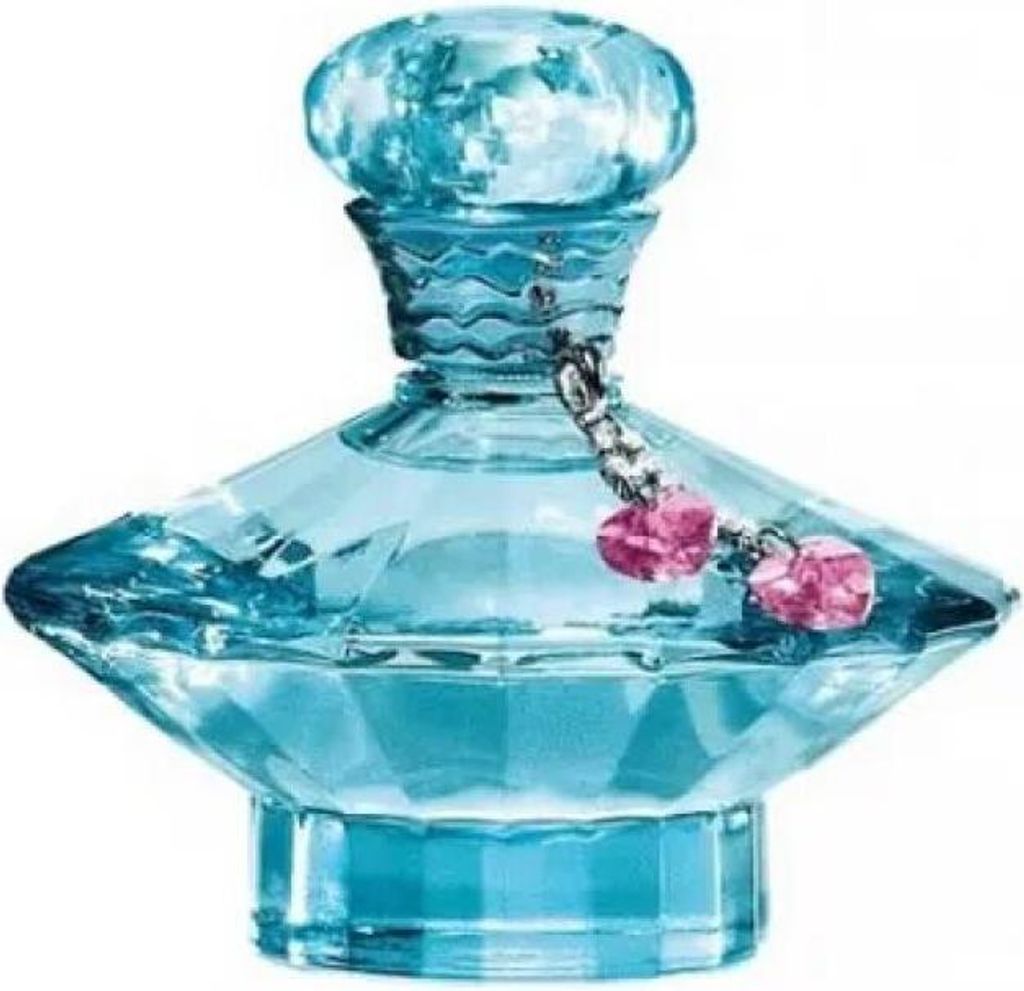 A perfume bottle with a blue liquid and pink charms.