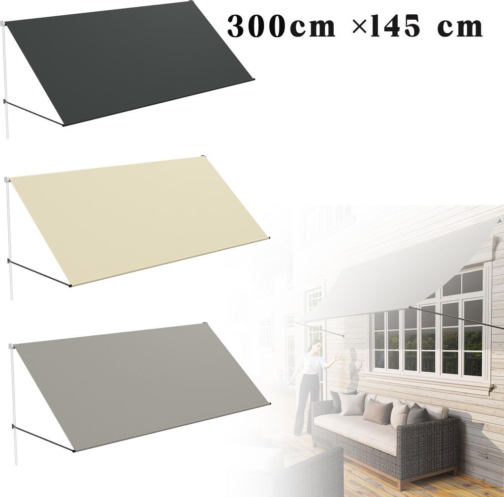 LZQ Markise, Fallarmmarkise einziehbar, 300 x 145 cm, UV-Schutz & wetterfest, Sonnenschutz für Balkon Terrasse Fenster, inkl. Montagematerial, Ant...