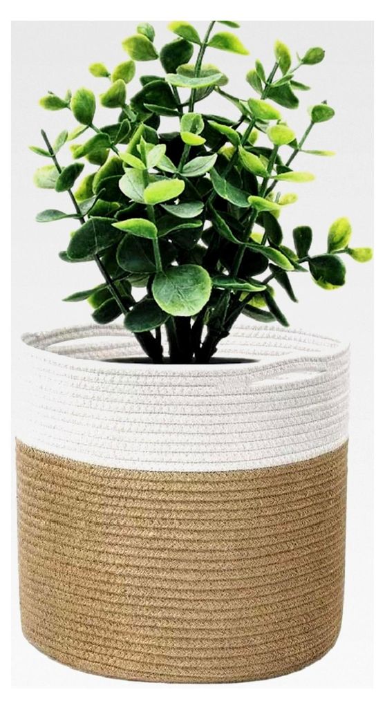 Pflanzkorb mit 25 cm Durchmesser, geflochtener Blumentopf für Zimmerpflanzen, Indoor Blumenkorb, Boho Übertopf aus Baumwollfaden mit Griffen
