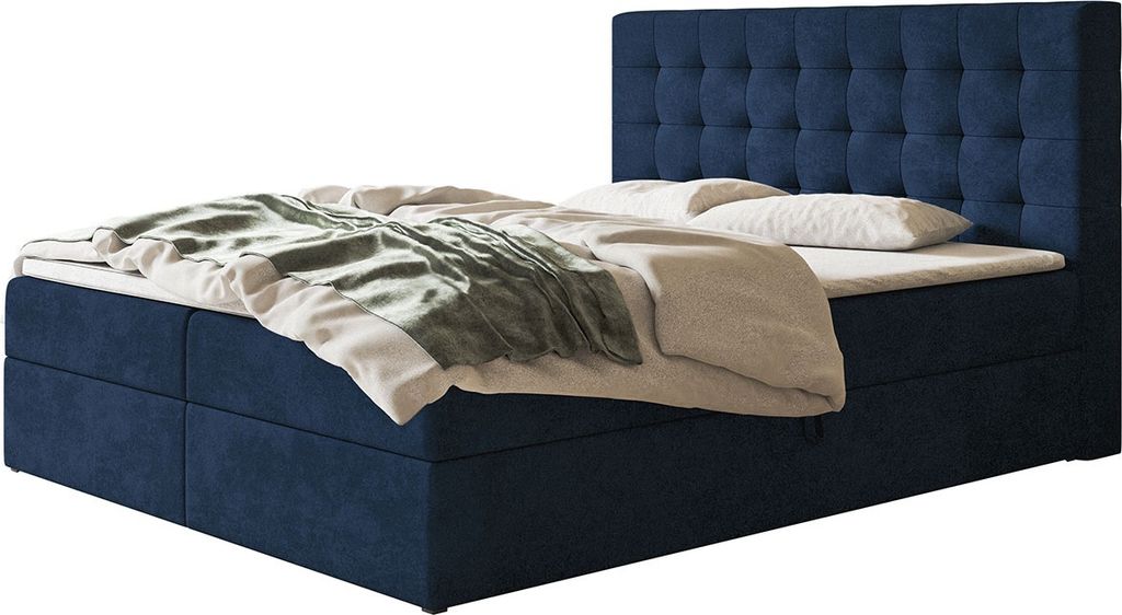 Boxspringbett RIO mit 2 Bettkästen, Polsterbett Maße: 160x200, Farbe: Dunkelblau, Velourstoff, Doppelbett mit Bonell-Matratze