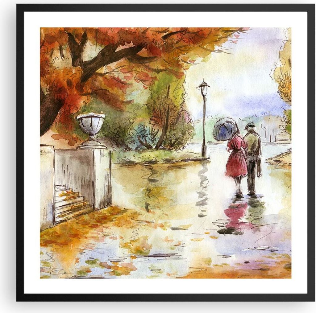 Gerahmtes Poster - Schwarzer Rahmen - Wetter regen herbst park - 60x60 cm - Wand Bild - Wanddeko - Wandbilder - Wandposter - Bilderrahmen - Bilder ...
