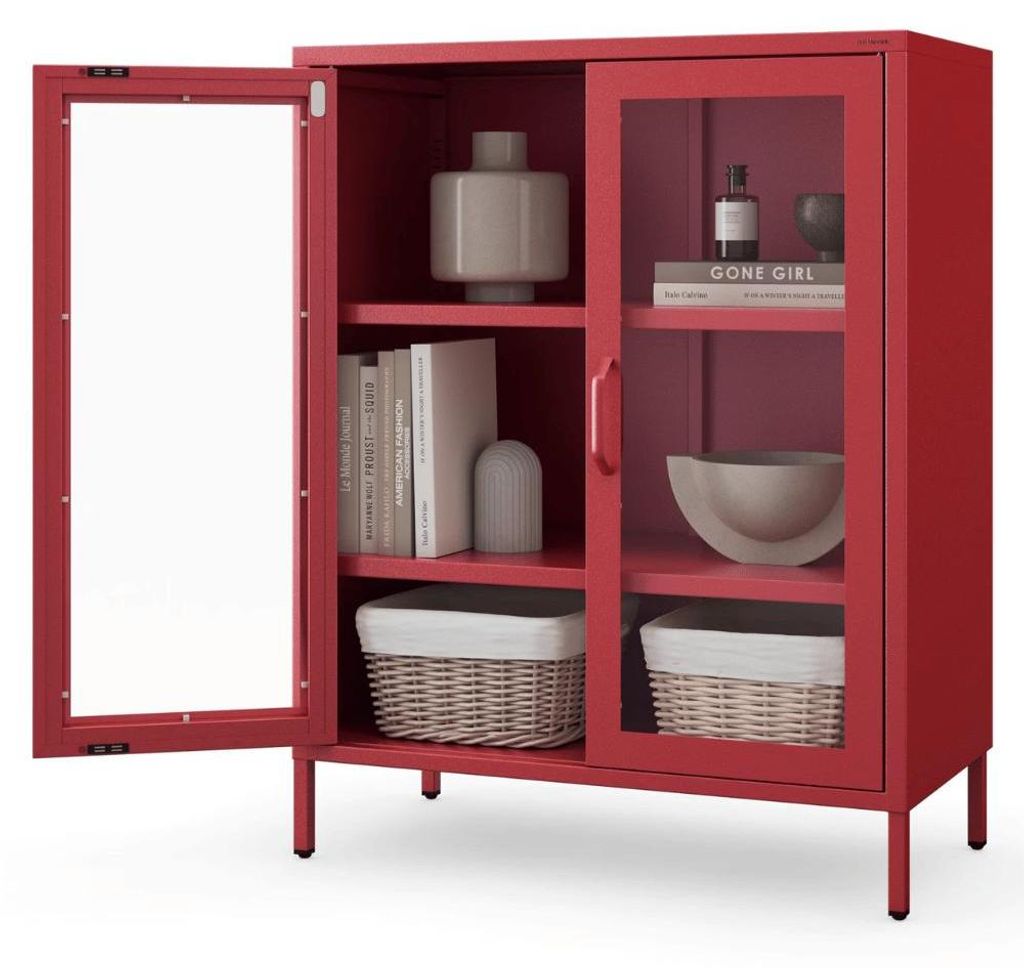 Vitrinenschrank Wohnzimmer klein GINA 3 Ebenen Metall | Glasvitrine Bücherschrank Büroschrank Aktenschrank mit Glasfenster Metallschrank 101,5x80...