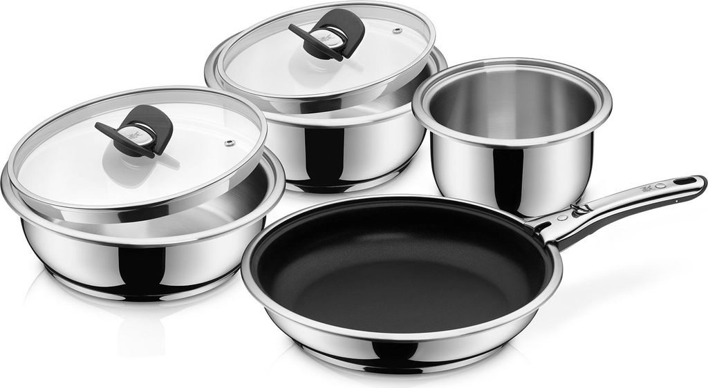 WMF Click&Serve Topfset Induktion 7-teilig, abnehmbarer Griff, Kochtopf Set mit Glasdeckel, Bratpfanne, Cromargan Edelstahl