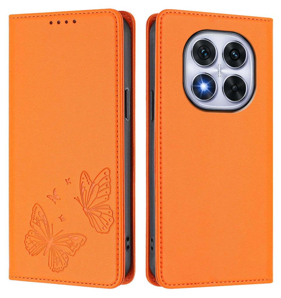 Lederhülle für Xiaomi Poco X7/Redmi Note 14 Pro 5G/14 Pro+ 5G, Schmetterling Prägung Leder Brieftasche Schutzhülle mit Ständer Orange