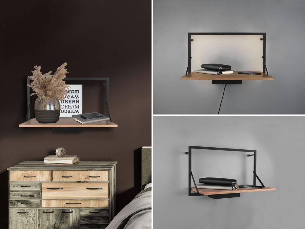 Industrial Wandregal 2er SET mit indirekter LED Beleuchtung, Holz & Metall 50cm