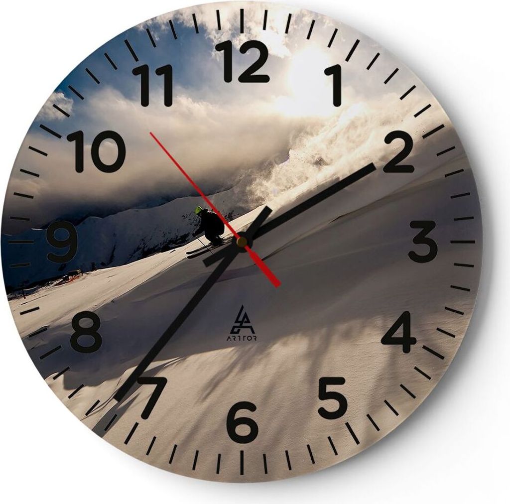Wanduhr - Rund - Glasuhr - Berge Ski Winter - 40x40cm - Schleichendes Uhrwerk - Lautlos - zum Aufhängen bereit - Dekoration Modern - Wanddekoratio...