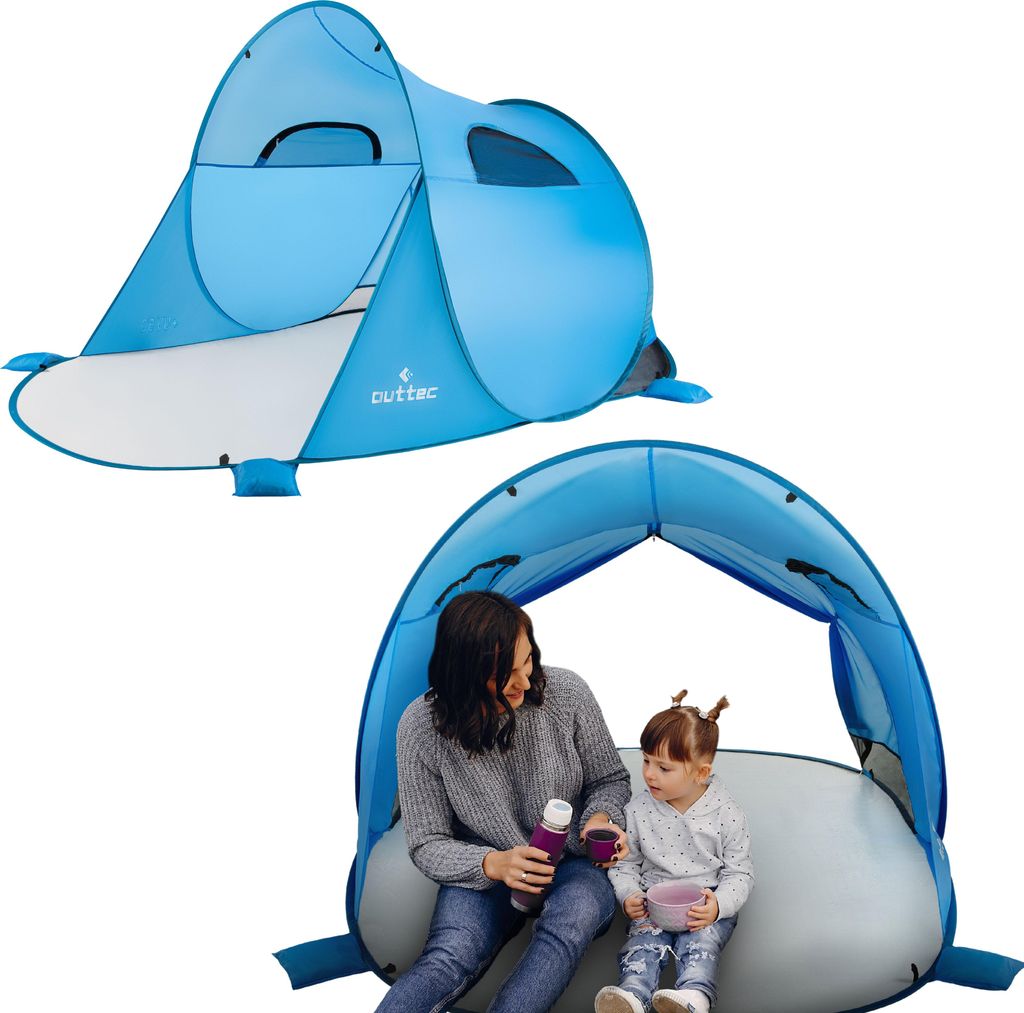 Outtec XXL Strandmuschel mit UV Schutz - Pop Up Zelt, Strand Sonnenschutz, Windschutz, Strandzelt mit Sandtaschen - für Baby, Kinder und Erwachsene