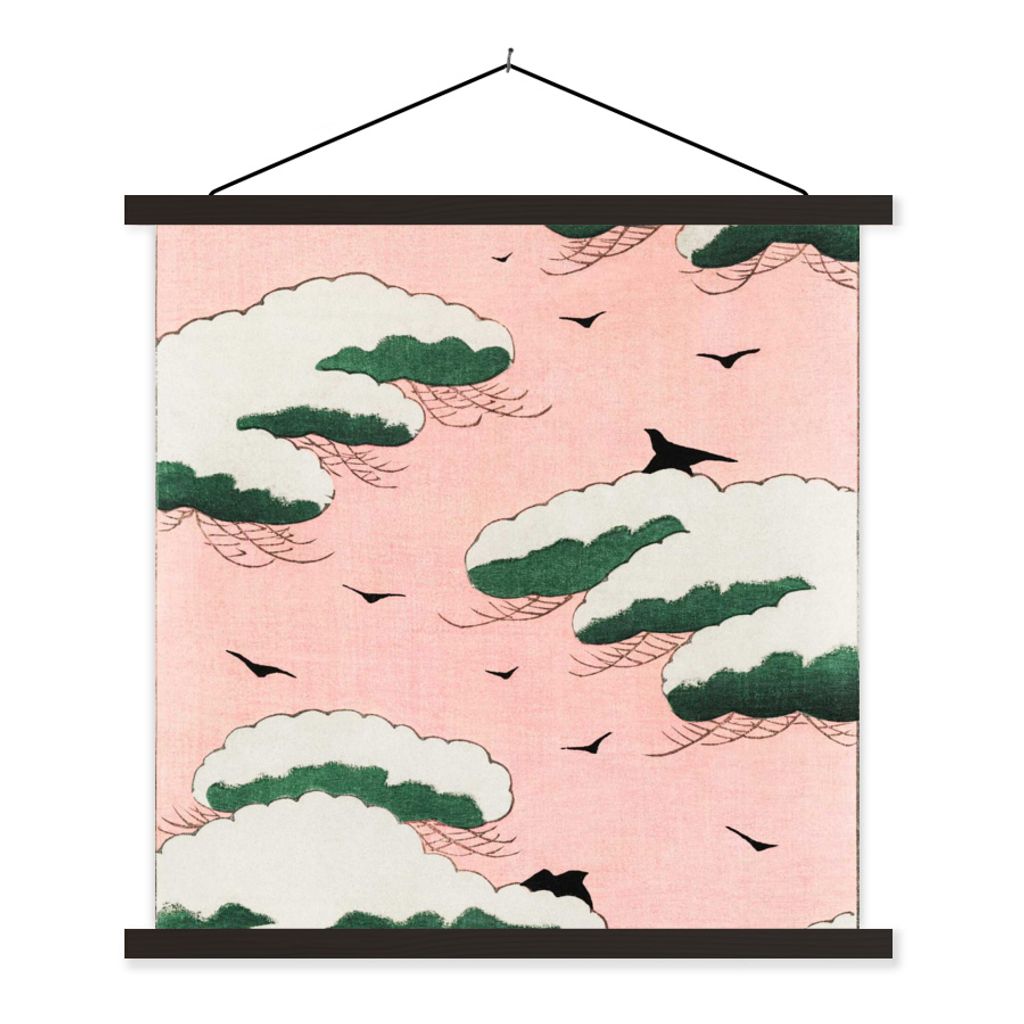 MuchoWow Textilposter Japanisch - Vogel - Wolke - Vintage 90x90 cm mit schwarzem Rahmen - Magnetisches