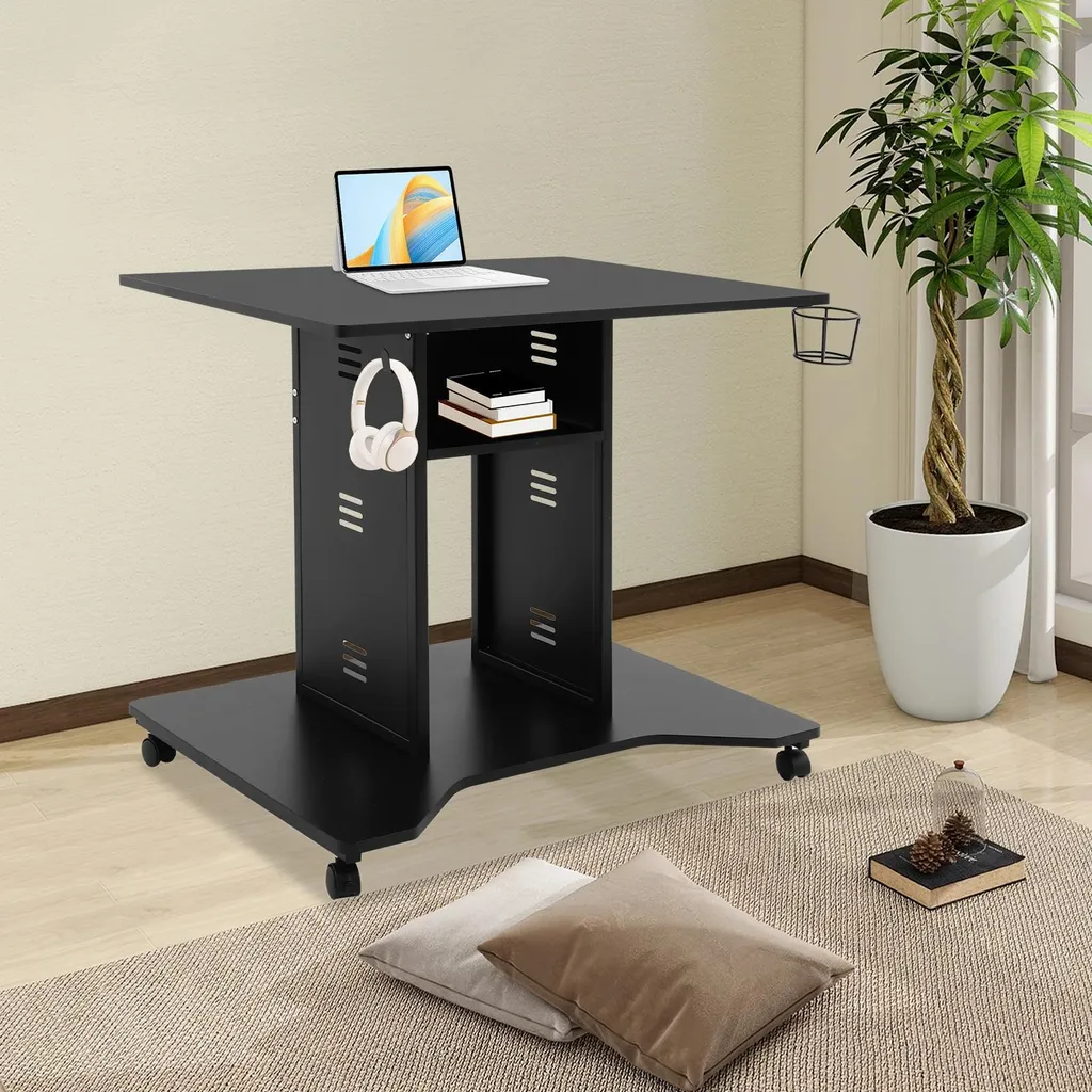 Bureau mobile en U noir avec 4 roulettes pivotantes et freins intégrés