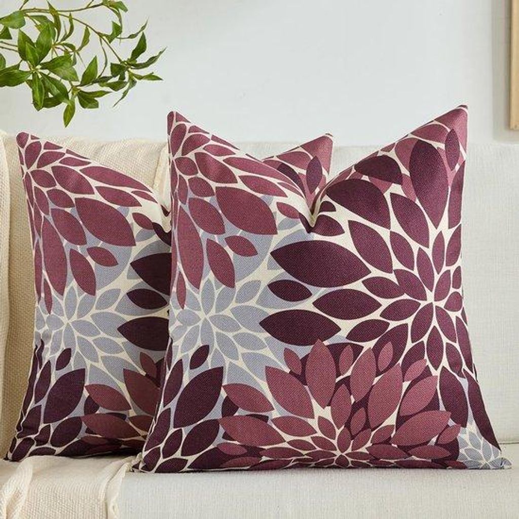 Unyqoos Set mit 2 dekorativen Kissenhüllen in Rot und Grau mit Blumenmuster für Innen und Außen, 45 x 45 cm