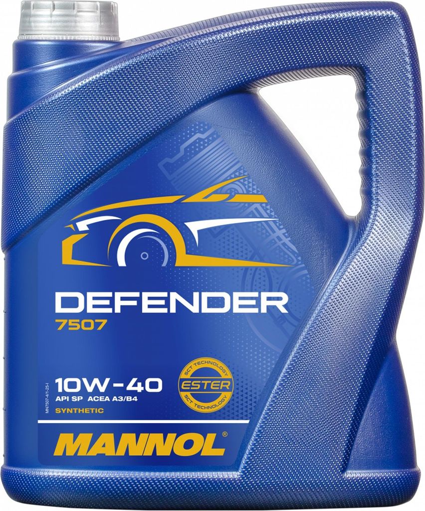 A blue plastic container of Mannol Defender 10W-40 engine oil.