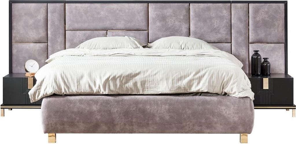 Casa Padrino Luxus Massivholz Schlafzimmer Set Lila / Schwarz / Gold - 1 Doppelbett mit Kopfteil & 2 Nachttische - Luxus Schlafzimmer Möbel